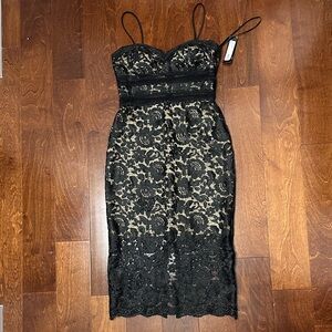 Xscape Black and Cream Lace Midi Dress